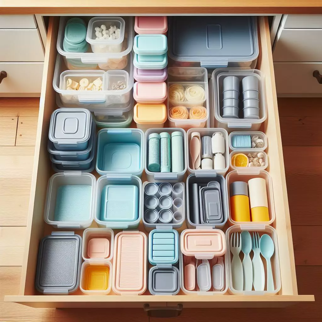 Neatly organized Tupperware drawers with containers stacked or separated by dividers, lids stored separately to prevent chaos.