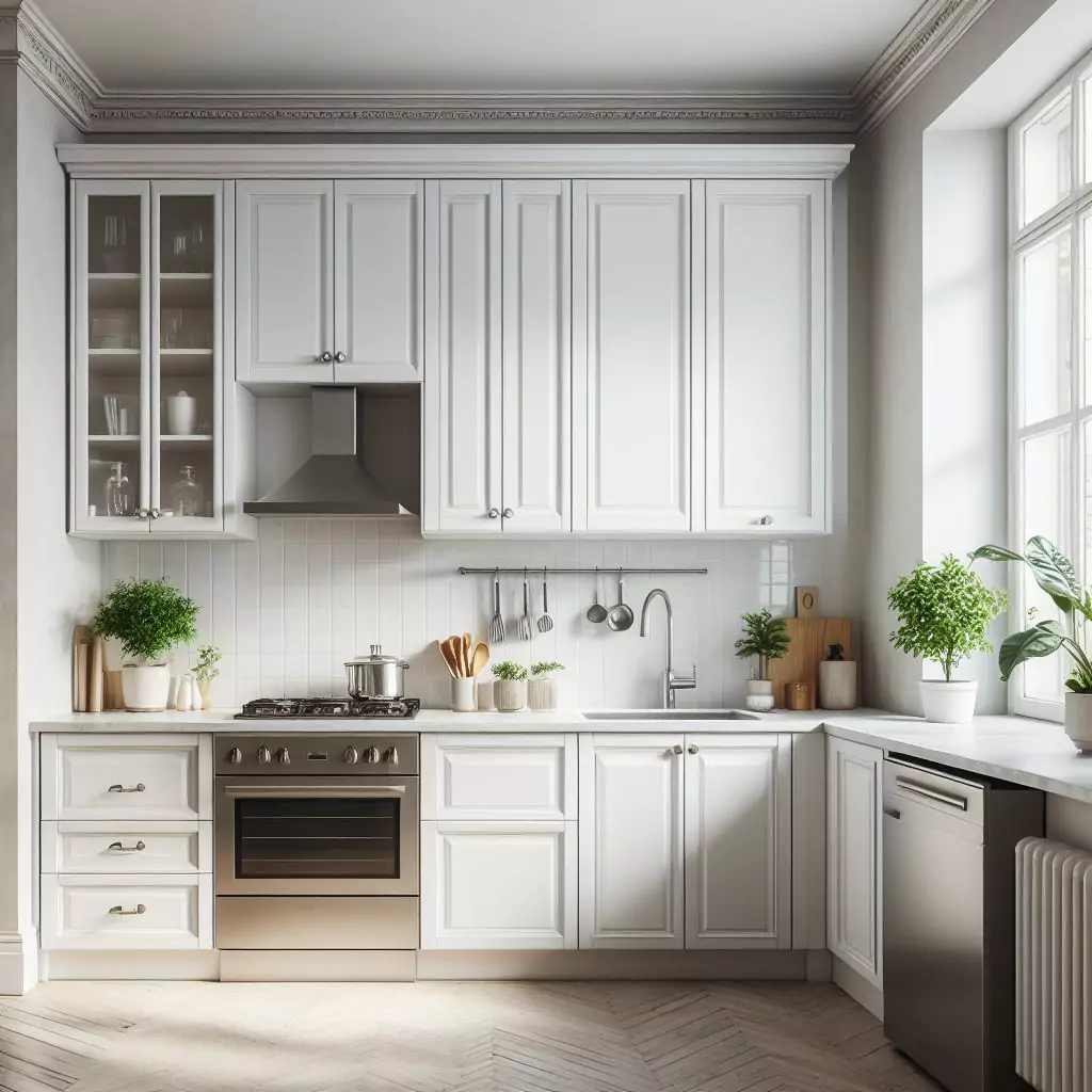 "Apartment kitchen with timeless white cabinets, bringing brightness and sophistication to the space."