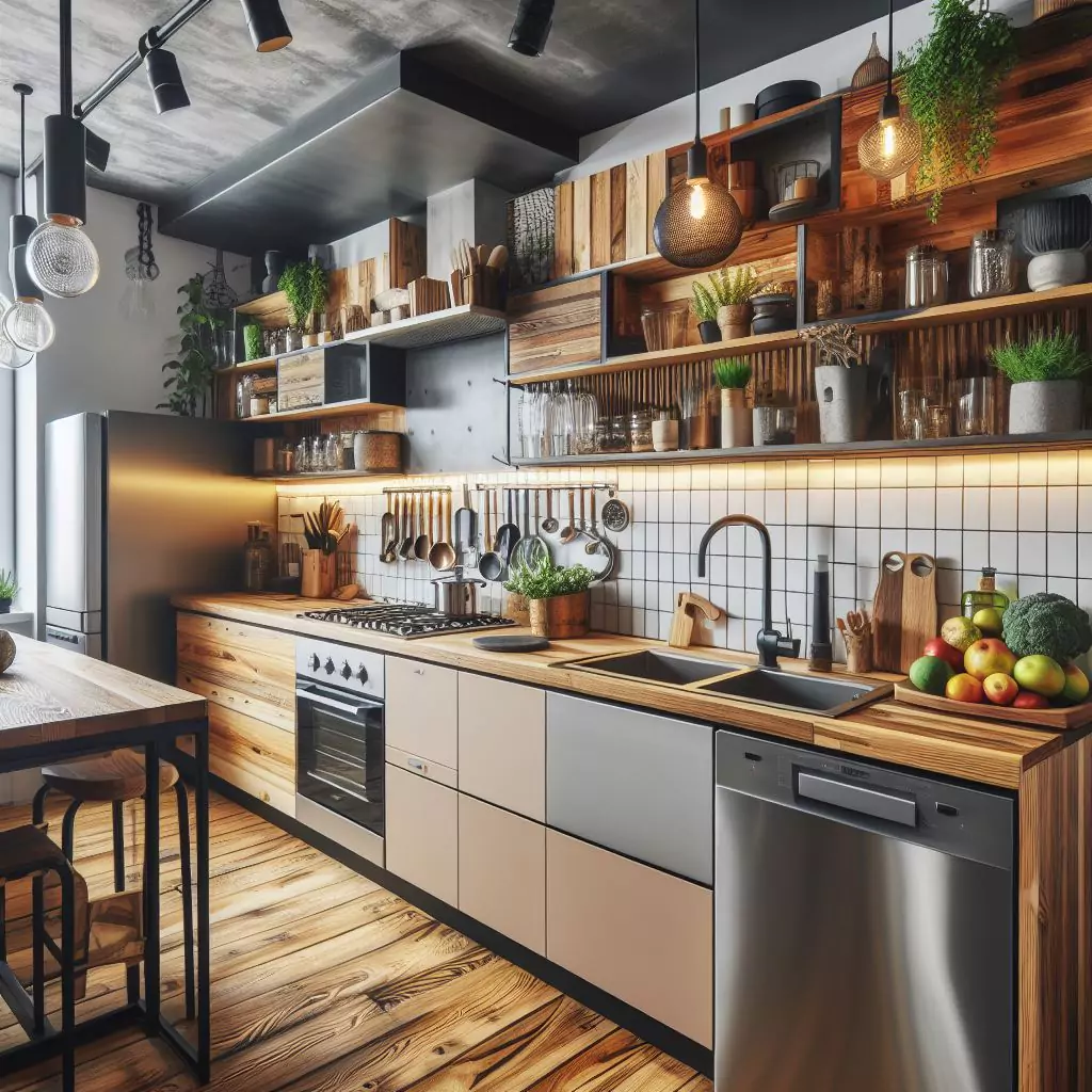 an apartment kitchen with a trendy and eclectic aesthetic, featuring mixed materials like wood, metal, and glass. This approach adds visual interest and allows for creative expression in the kitchen decor. The countertop has a gas stove, stainless steel kitchen sink and faucet, and dishwasher