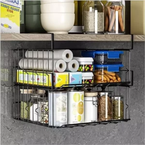 under cabinet storage basket with kitchen products place on it, example is mason jar with spices or tins with foods inside