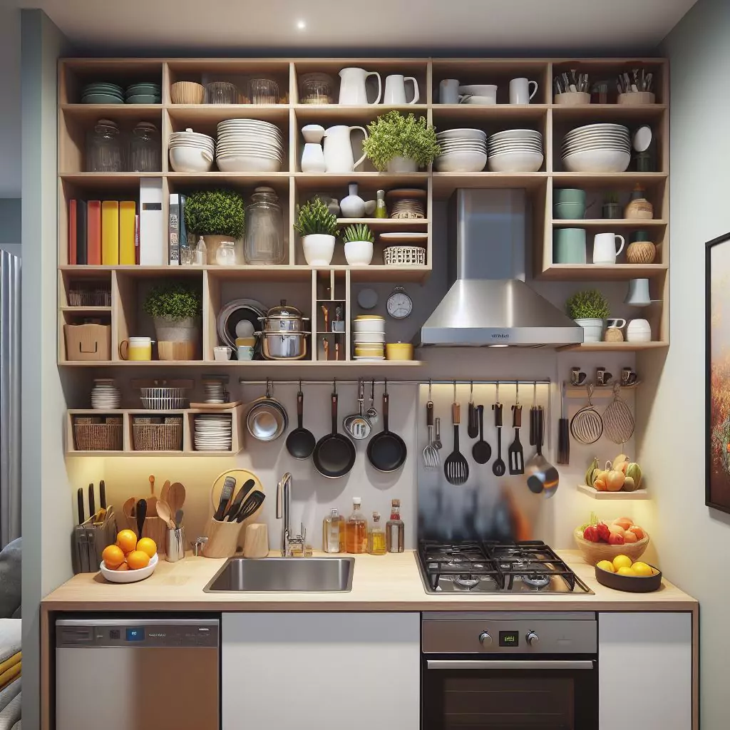 "Small kitchen with floating shelves and wall-mounted racks, maximizing vertical storage to free up floor space."