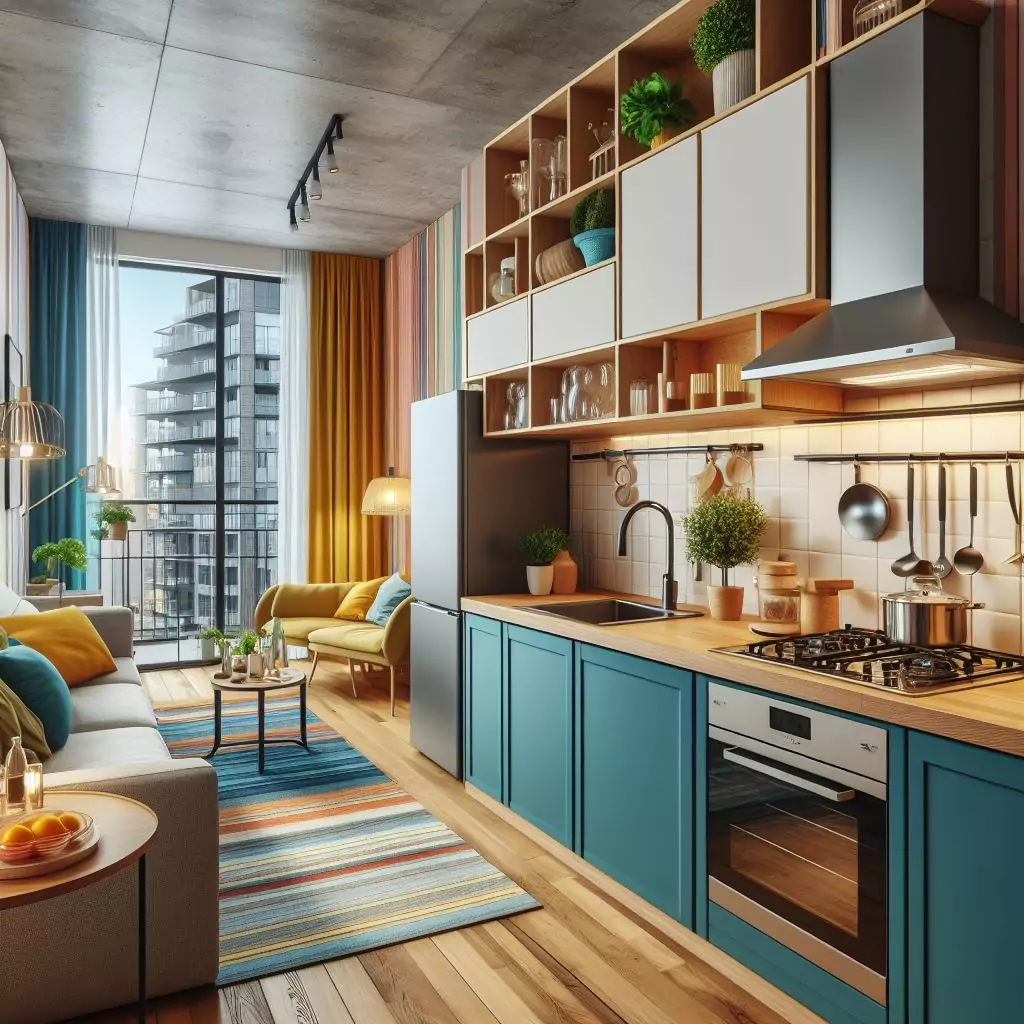 "Apartment kitchen with vibrant accent colors, adding energy and dynamism to the cooking space."