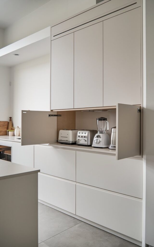 A modern kitchen with a sleek, full-size appliance garage on the countertop. The garage has a seamless, built-in design, with sliding doors that blend seamlessly into the countertop layout. Inside the garage, there are small appliances like toasters and blenders. The kitchen has a minimalistic look, with a clean, clutter-free aesthetic. The appliance garage solution is perfect for those who prioritize a streamlined kitchen decor, combining practicality with modern design.