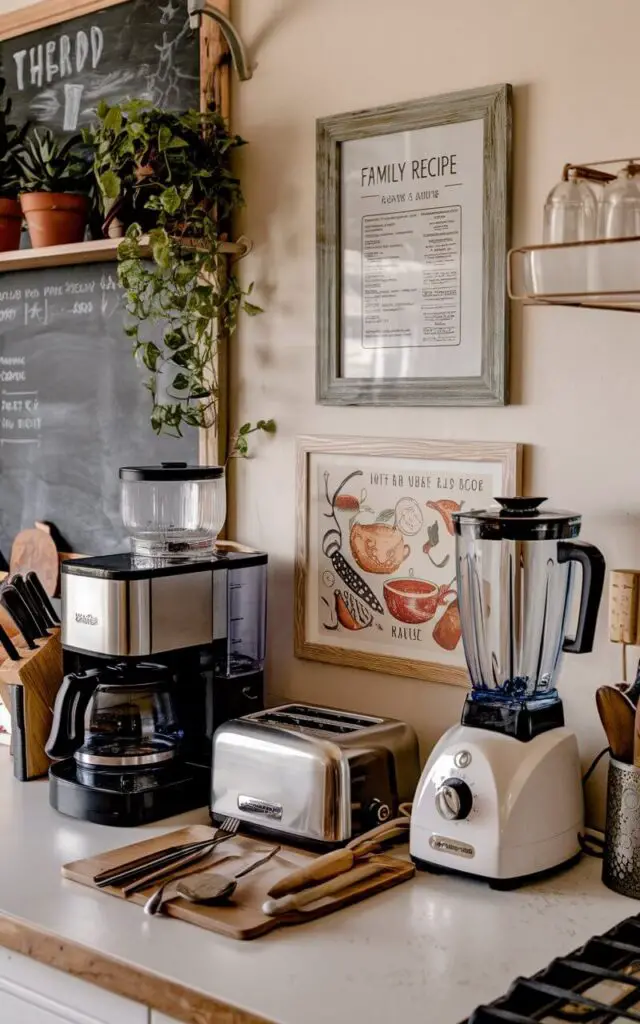 A photo of a kitchen countertop with a full setup, including a coffee maker, toaster, blender, and various kitchen tools. There is a wooden frame with a culinary-themed art print and a metal frame with a family recipe on the countertop. The background contains a wall with a chalkboard and a few potted plants. The overall setup has a rustic and cozy vibe.