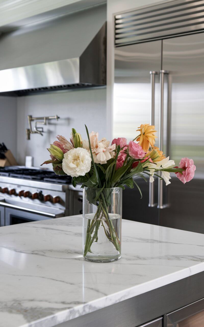 A photo of a kitchen with a marble countertop and stainless steel appliances. There's a vase of fresh flowers on the countertop. The vase is simple and holds seasonal blooms. The flowers are placed in a prominent spot and create a focal point. The kitchen has a sleek and modern design.