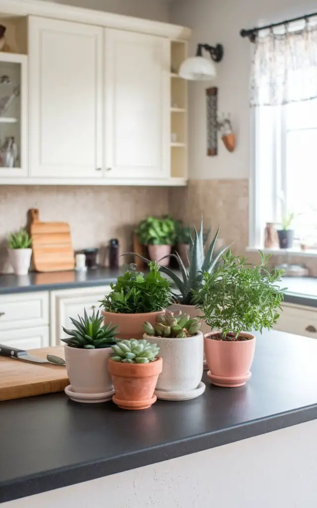 A photo of a full kitchen setup with a few low-maintenance potted plants on the kitchen countertop. The plants include succulents, herbs, and small leafy greens. The kitchen has a neutral color scheme with white cabinets, a beige backsplash, and a dark countertop. There is a wooden cutting board and a knife on the countertop. The background contains a window with a curtain, a light fixture, and a wall with a few decorative items.