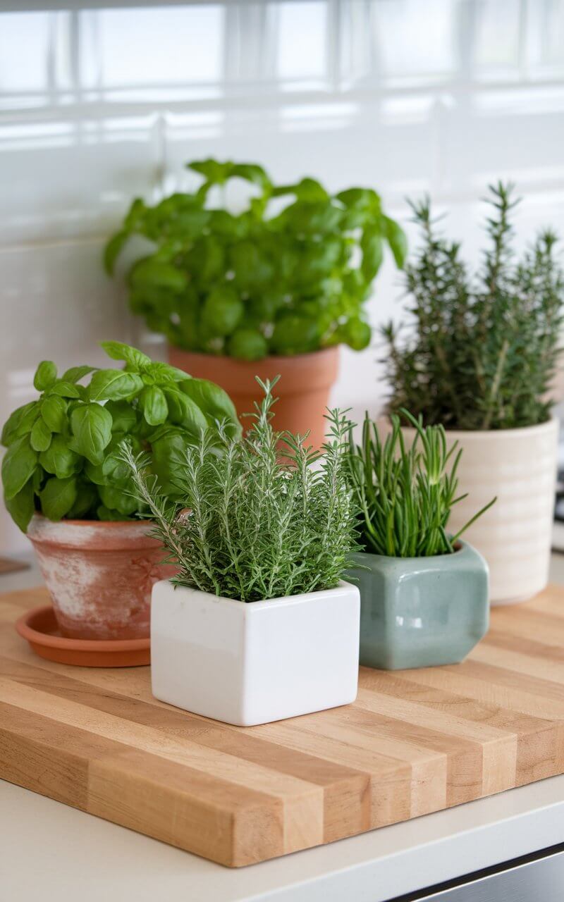 A vibrant kitchen countertop adorned with small herb planters filled with fresh basil, rosemary, and thyme. Set in rustic terracotta pots and sleek ceramic containers, the greenery adds life and functionality, offering fresh ingredients within reach and a natural touch to the modern kitchen.