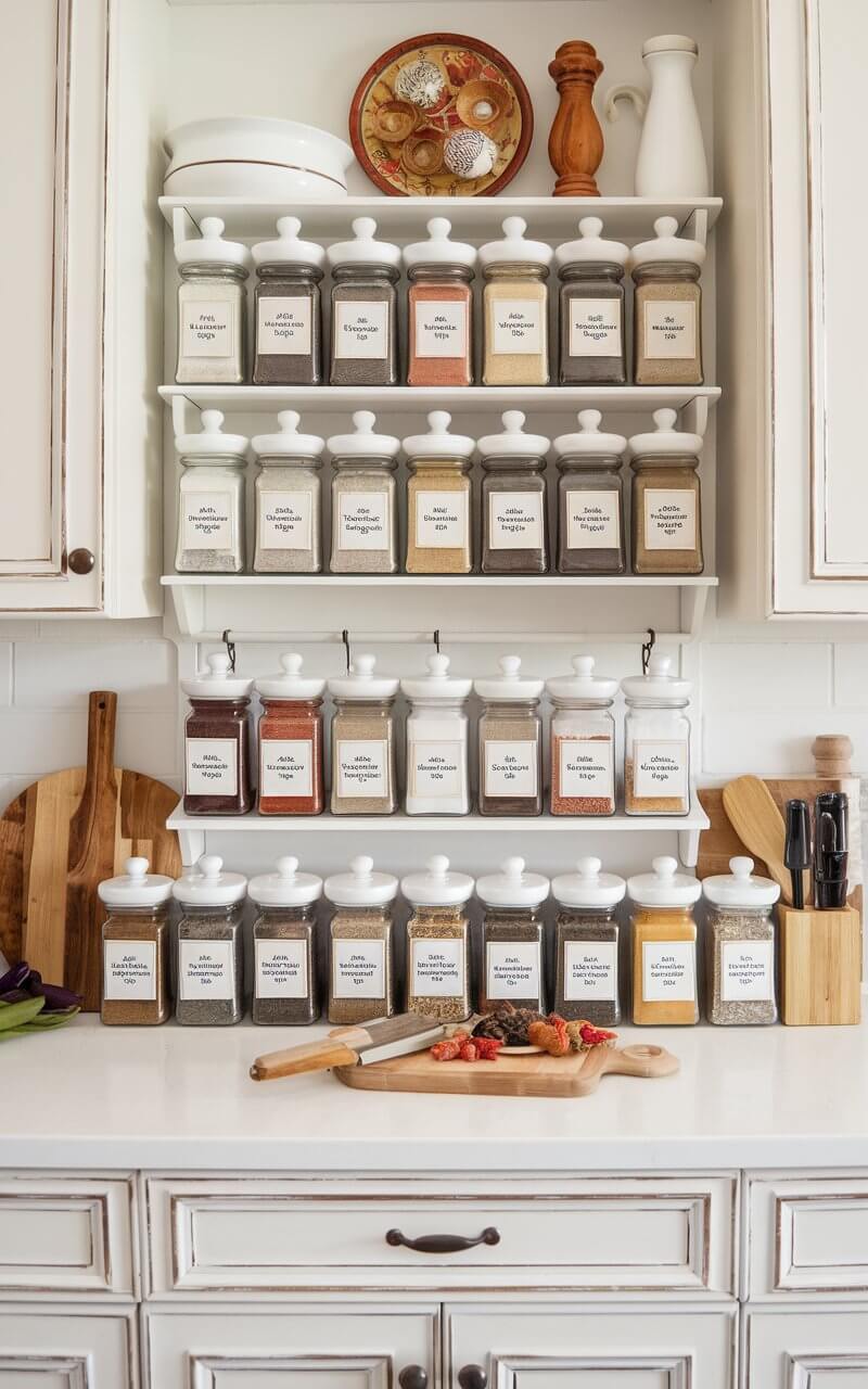 A photo of a full kitchen with an organized and decorative aesthetic. There is a set of ceramic or glass spice jars displayed neatly on the kitchen countertop. Each jar contains a different spice and is carefully labeled. The jars are arranged to provide easy access while cooking. The jars' sleek design adds elegance and practicality, transforming the countertop into a visually pleasing and functional area. The natural colors of the spices add warmth and texture, blending beautifully with the countertop's surface while enhancing the kitchen's usability and style.