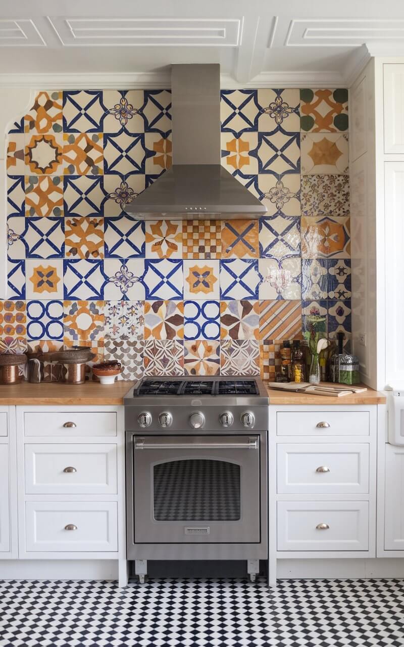 A photo of a full kitchen with a statement backsplash extending vertically from the kitchen countertop. The backsplash features eye-catching tiles with colorful patterns or textures. The backsplash serves as a striking visual element, drawing attention to the countertop area and enhancing the kitchen's overall decor. The patterns are inspired by Moroccan motifs, geometric designs, or modern textures. This combination elevates the entire kitchen, making it both functional and artful, perfect for those who appreciate unique design elements in their culinary space.