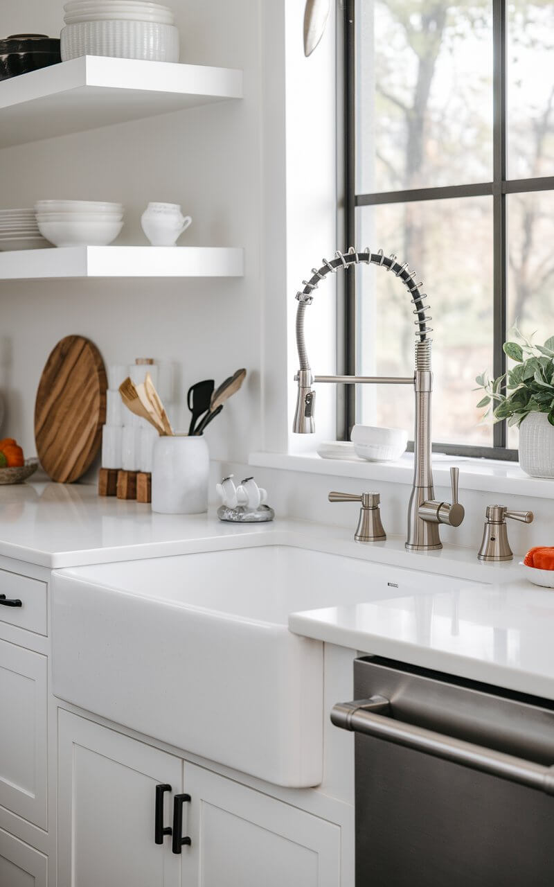 A photo of a modern full kitchen with a statement sink and faucet. The sink is a sleek white cast acrylic basin, and it is paired with a high-arc stainless steel faucet. The sink area is surrounded by neatly arranged utensils and subtle decor. A window nearby brings in natural light, highlighting the clean lines and high-quality materials of the kitchen.