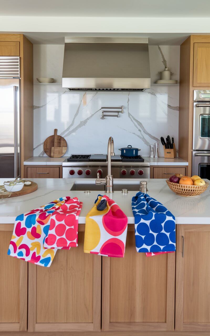 A photo of a full kitchen with a set of vibrant dish towels displayed on the kitchen countertop. The towels, in bold hues and fun patterns, are neatly folded or draped over the countertop for easy access. Their bright colors stand out against the neutral countertop tones, creating visual interest that brings energy to the decor. The kitchen has stainless steel appliances, a marble backsplash, and wooden cabinets. The room also contains a few cooking utensils, a cutting board, and a fruit basket.