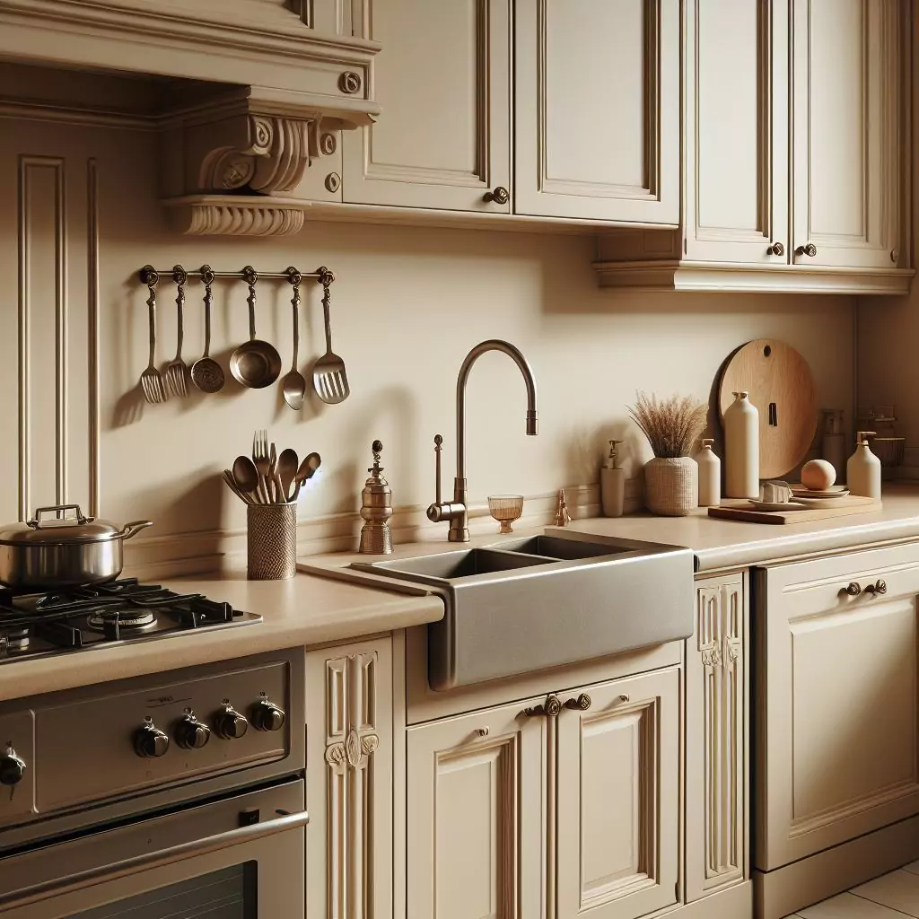 a closer look of Classic beige walls in a kitchen. The countertop has a gas stove, stainless steel kitchen sink with a faucet, and a dishwasher