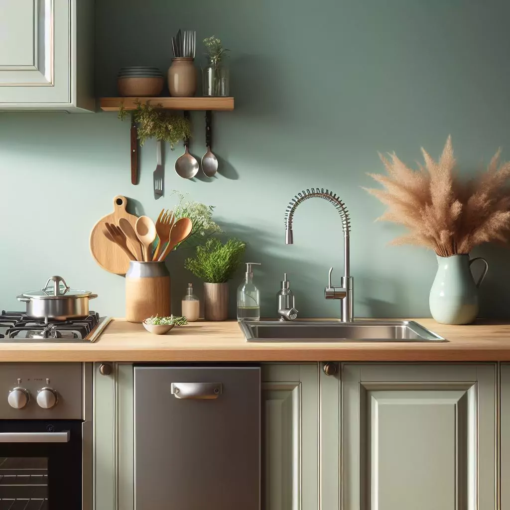 A closer look of a Soft blue-green walls in a kitchen. The countertop has a gas stove, stainless steel kitchen sink with a faucet, and a dishwasher
