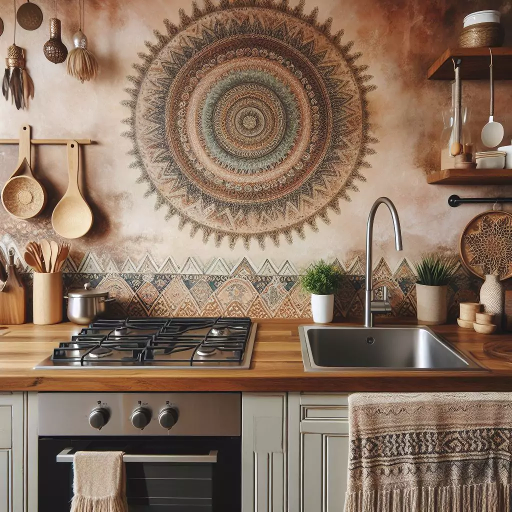 a closer look of a Boho-inspired palette with earthy tones on kitchen walls. The countertop has a gas stove, stainless steel kitchen sink with a faucet