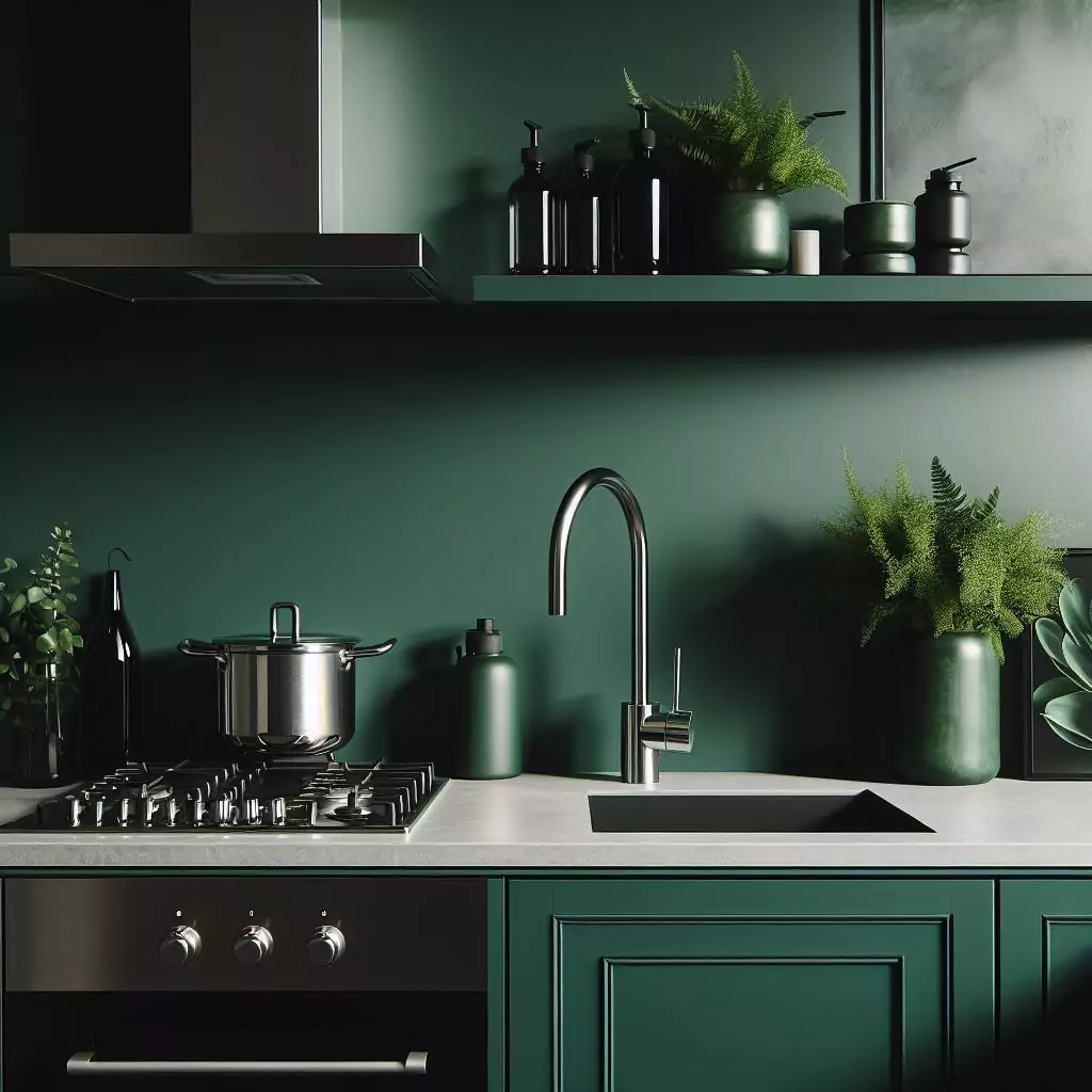 a closer look of a Bold emerald green feature wall in a kitchen. The countertop has a gas stove, stainless steel kitchen sink with a faucet