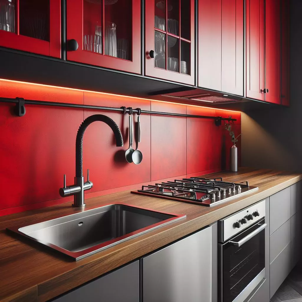 a closer look of a neat Bold red accents on kitchen walls. The countertop has a gas stove, stainless steel kitchen sink with a faucet