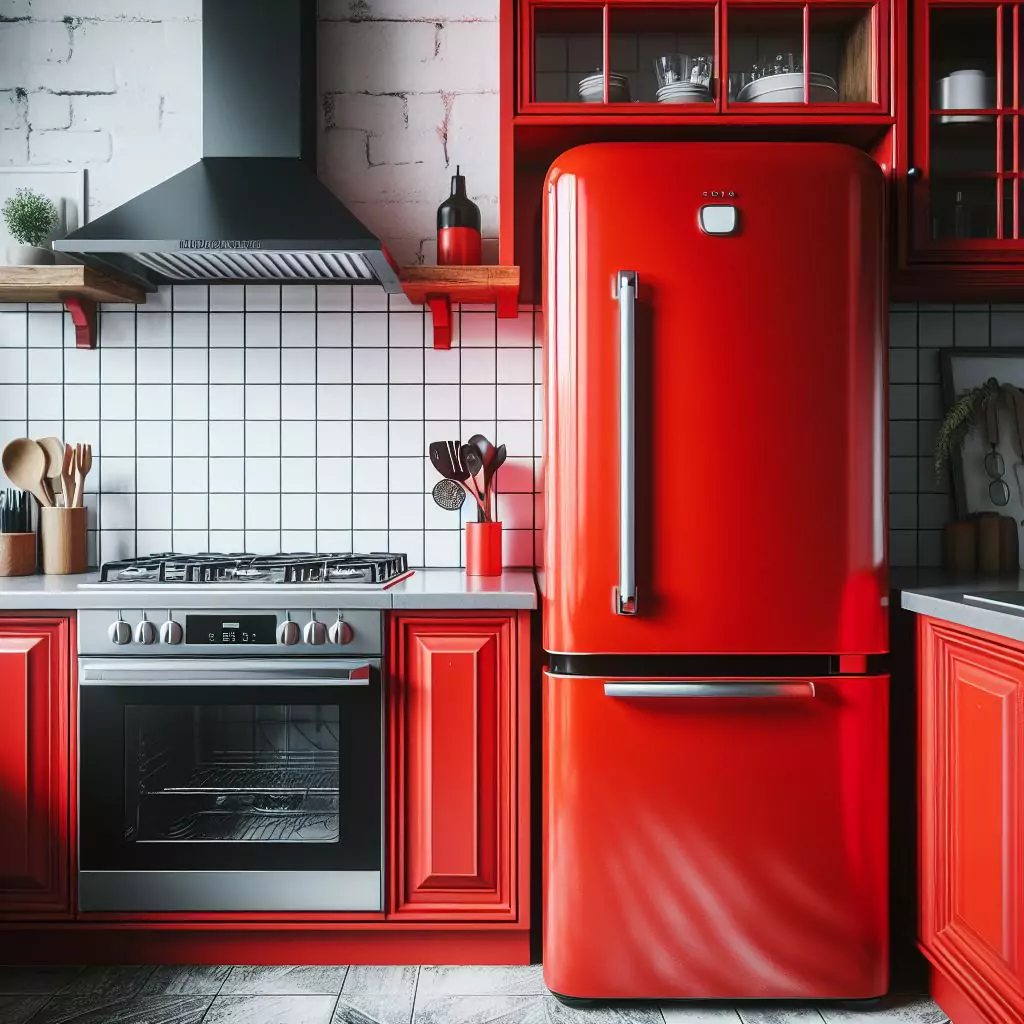 "A vibrant red fridge stands out in the kitchen, adding a pop of color and personality, creating a bold focal point."