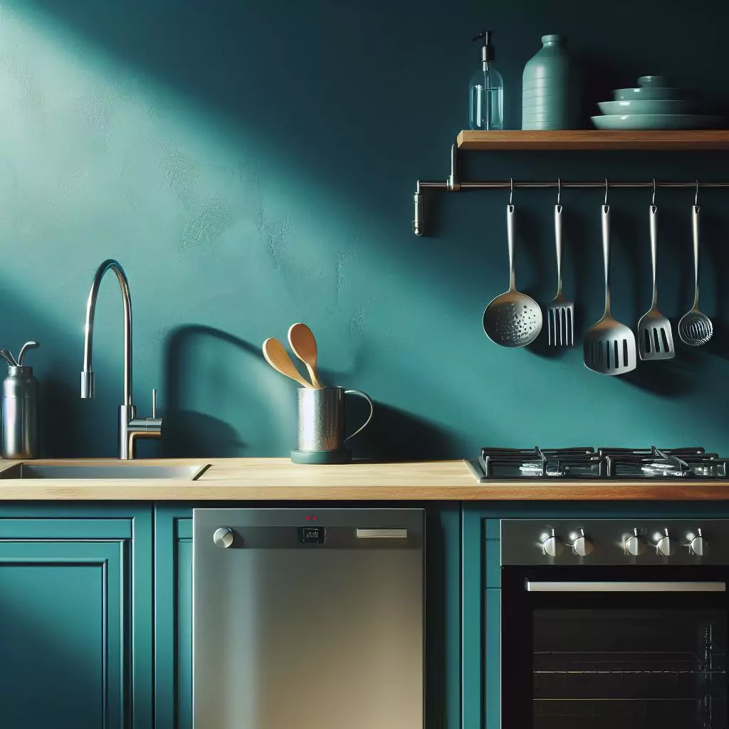 a closer look of a Kitchen with a bold teal feature wall. The countertop has a gas stove, stainless steel kitchen sink with a faucet, and a dishwasher