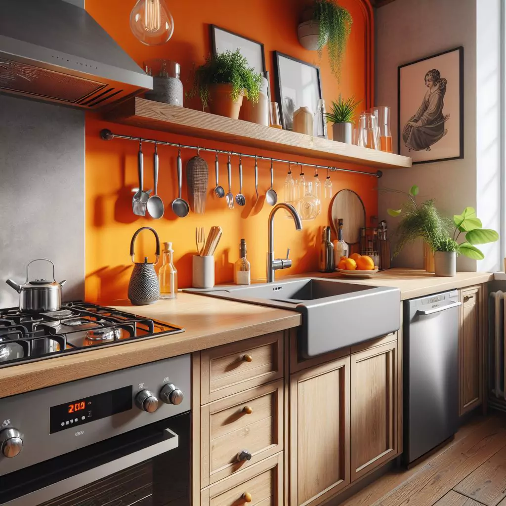 a closer look of a Kitchen with pops of bright orange on the walls. The countertop has a gas stove, stainless steel kitchen sink with a faucet, and a dishwasher