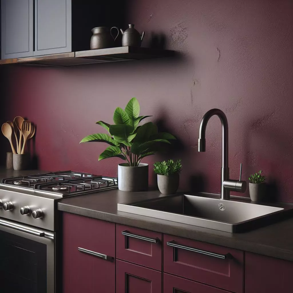 a closer look of a Kitchen with a deep burgundy feature wall. The countertop has a gas stove, stainless steel kitchen sink, potted indoor plants and faucet, and dishwasher