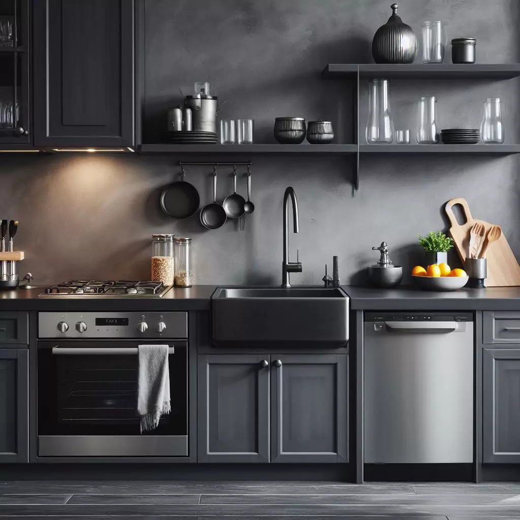 a Kitchen with charcoal gray walls. The countertop has a gas stove, stainless steel kitchen sink and faucet, and dishwasher