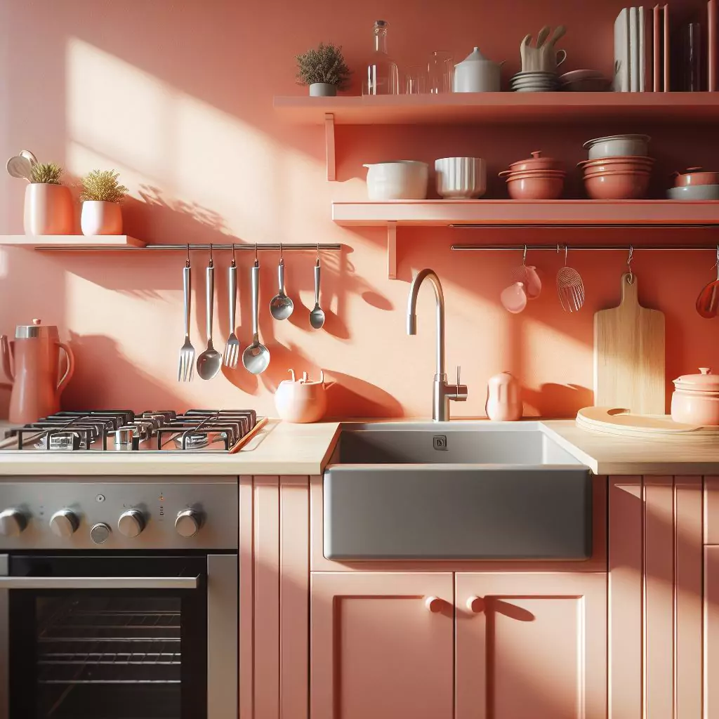 a closer look of a Kitchen with coral or salmon shades on the walls. The countertop has a gas stove, stainless steel kitchen sink with a faucet, and a dishwasher