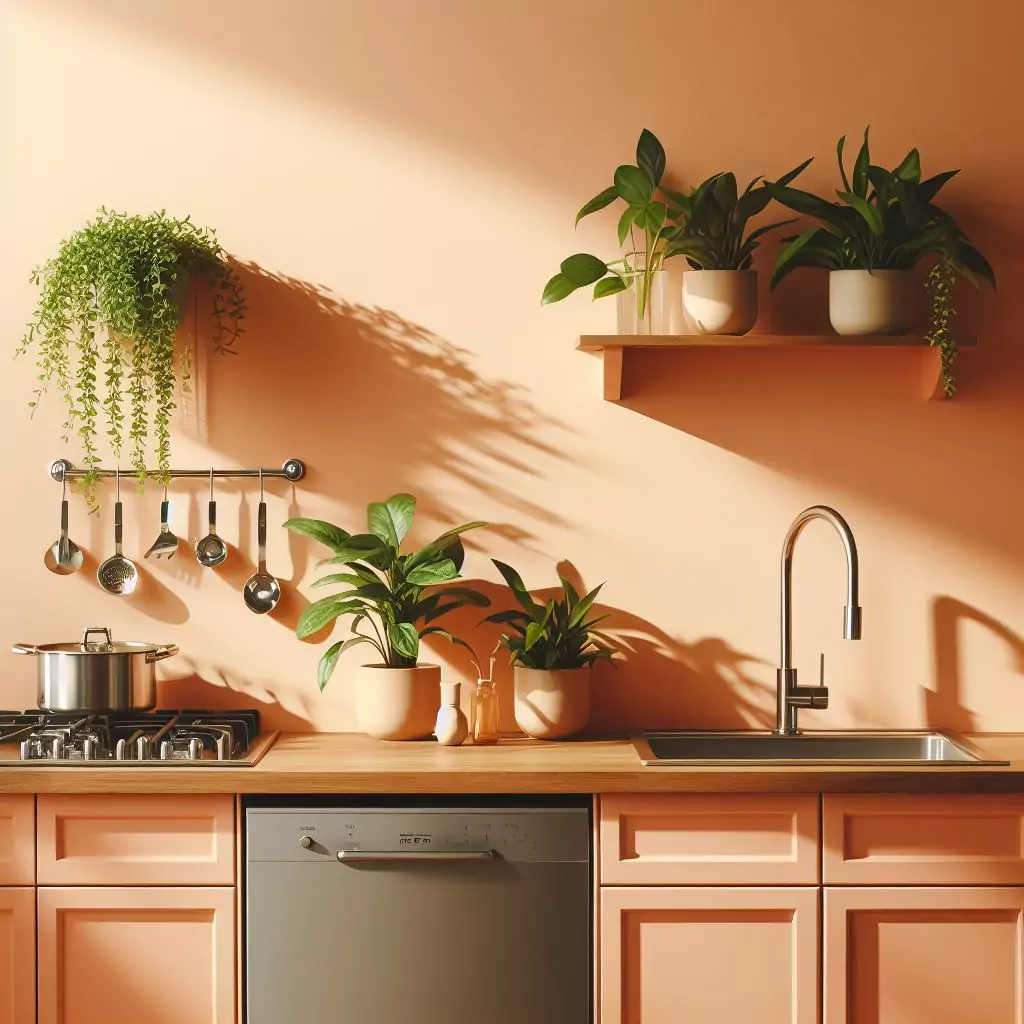 a closer look of a Kitchen with sunny peach or apricot shade color on the walls. The countertop has a gas stove, stainless steel kitchen sink, one potted indoor plant and faucet, and dishwasher