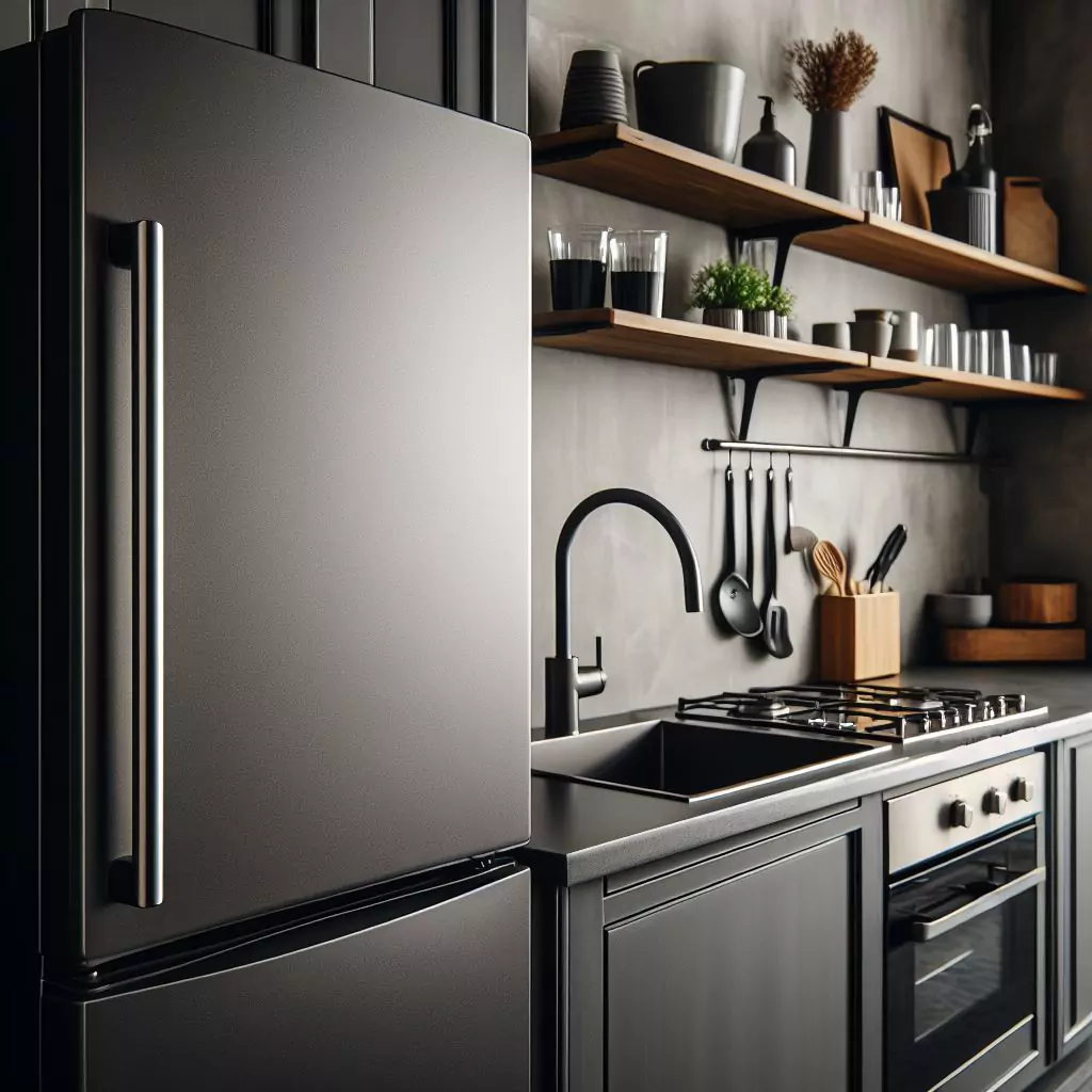A charcoal-colored fridge in a modern kitchen, exuding a contemporary and stylish appearance, adding depth and dimension to the room and complementing a wide range of design styles.