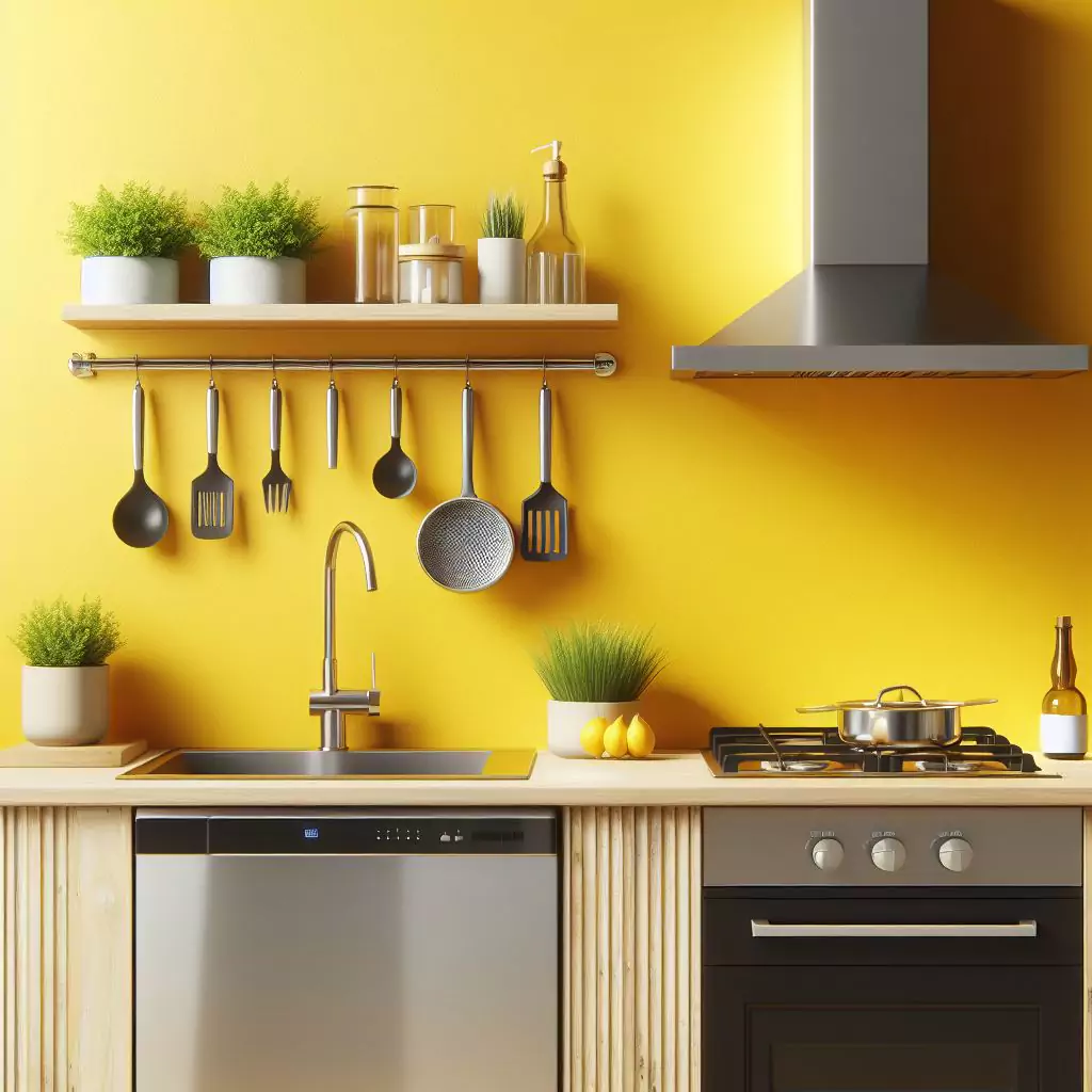 a closer look of a Kitchen wall with bright color like lemon yellow. The countertop has a gas stove, stainless steel kitchen sink and faucet, and dishwasher