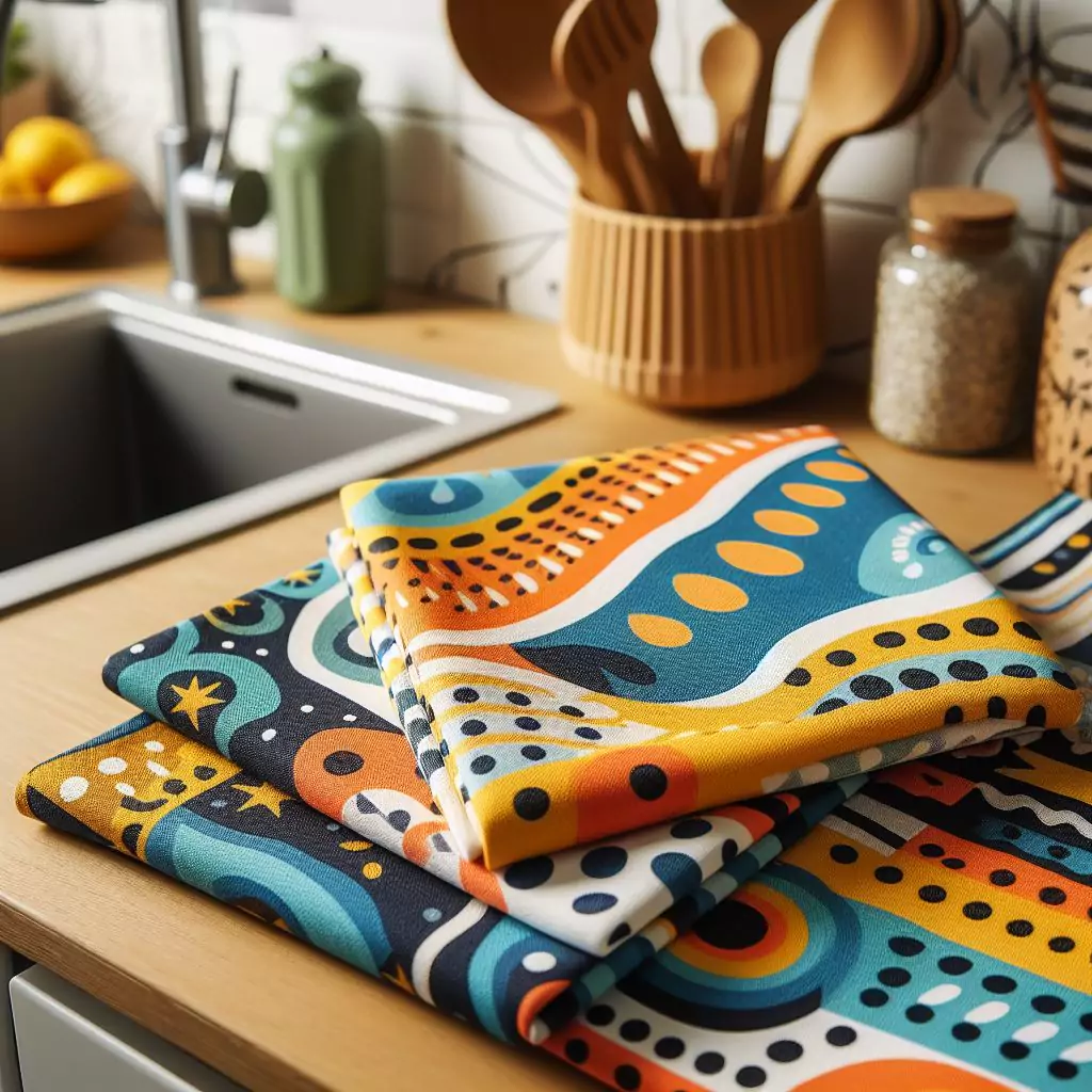 a close look of a Vibrant dish towels displayed on a kitchen countertop, featuring bold hues and fun patterns, adding a pop of color and personality to the space.