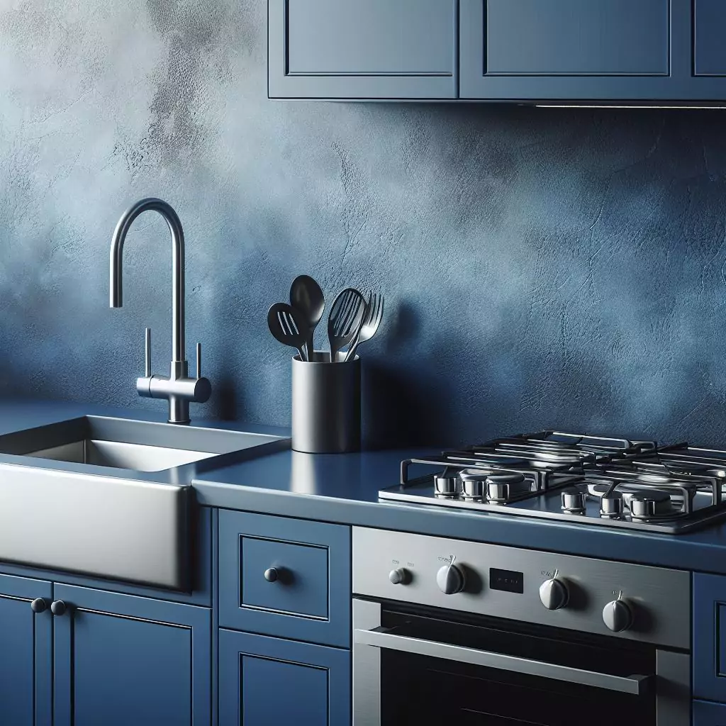 a closer look of a Kitchen wall with cobalt blue color for contrast. The countertop has a gas stove, stainless steel kitchen sink with a faucet