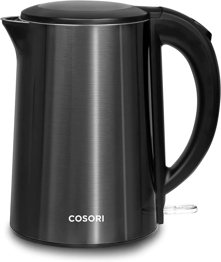 A COSORI 1.5 L Electric Kettle made of stainless steel with a black handle, featuring a modern design.
