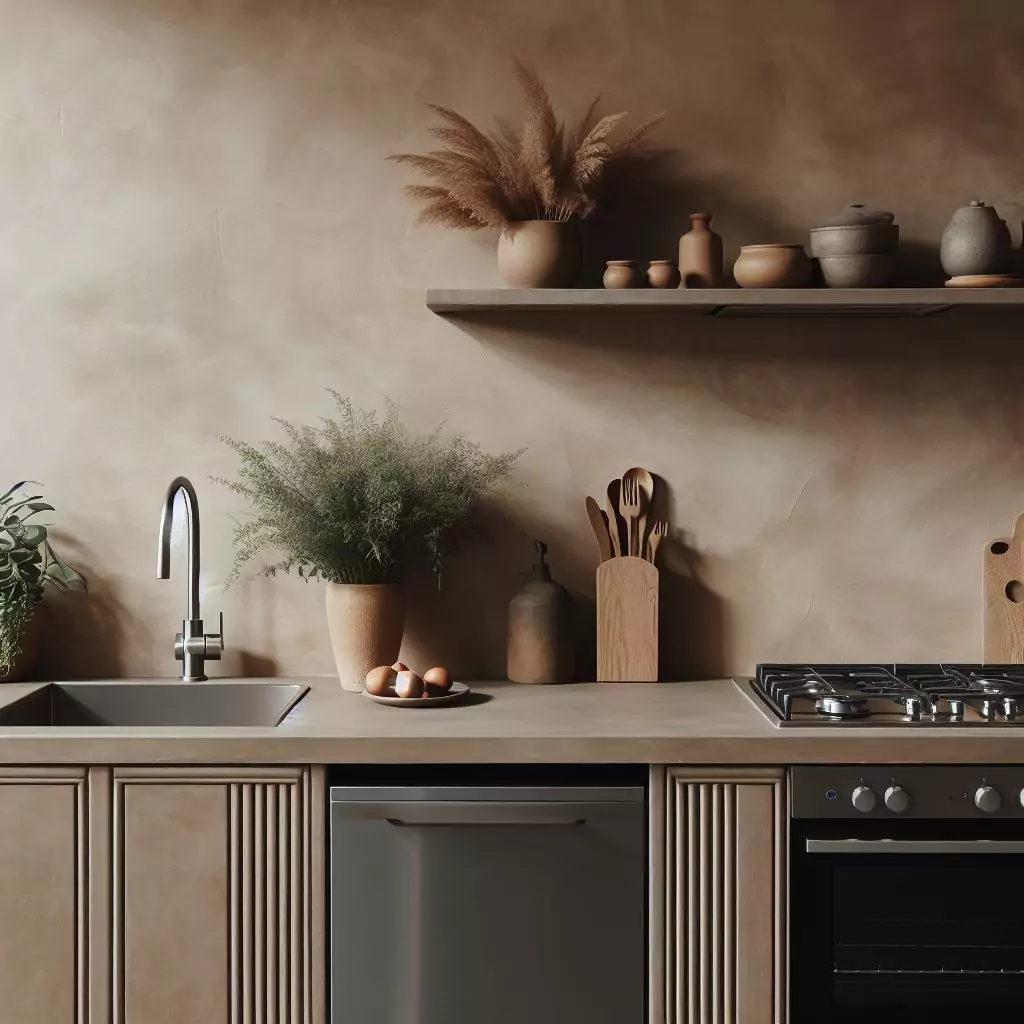 a closer look of a subdued earthy color palette on kitchen walls. The countertop has a gas stove, stainless steel kitchen sink with a faucet, a potted plant, and a dishwasher