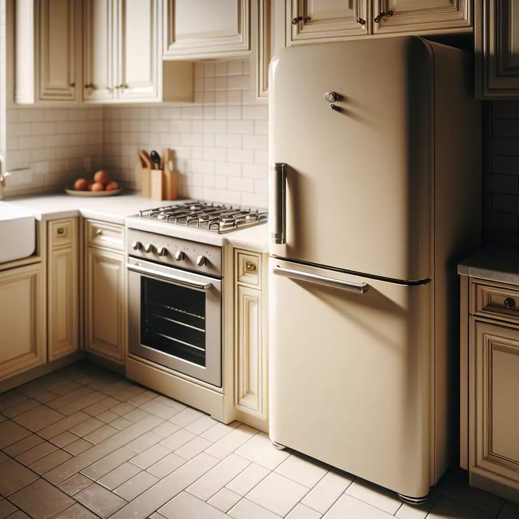 "A cream-colored fridge in a kitchen, exuding a timeless and elegant look, enhancing the warmth and coziness of the space, and creating a welcoming ambiance for family and guests."