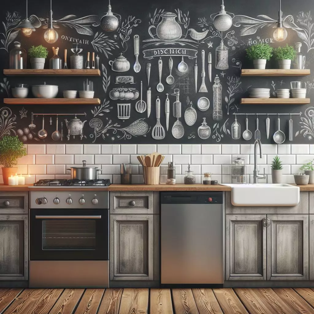 Kitchen wall with blackboard paint.The countertop has a gas stove, stainless steel kitchen sink and faucet, and dishwasher