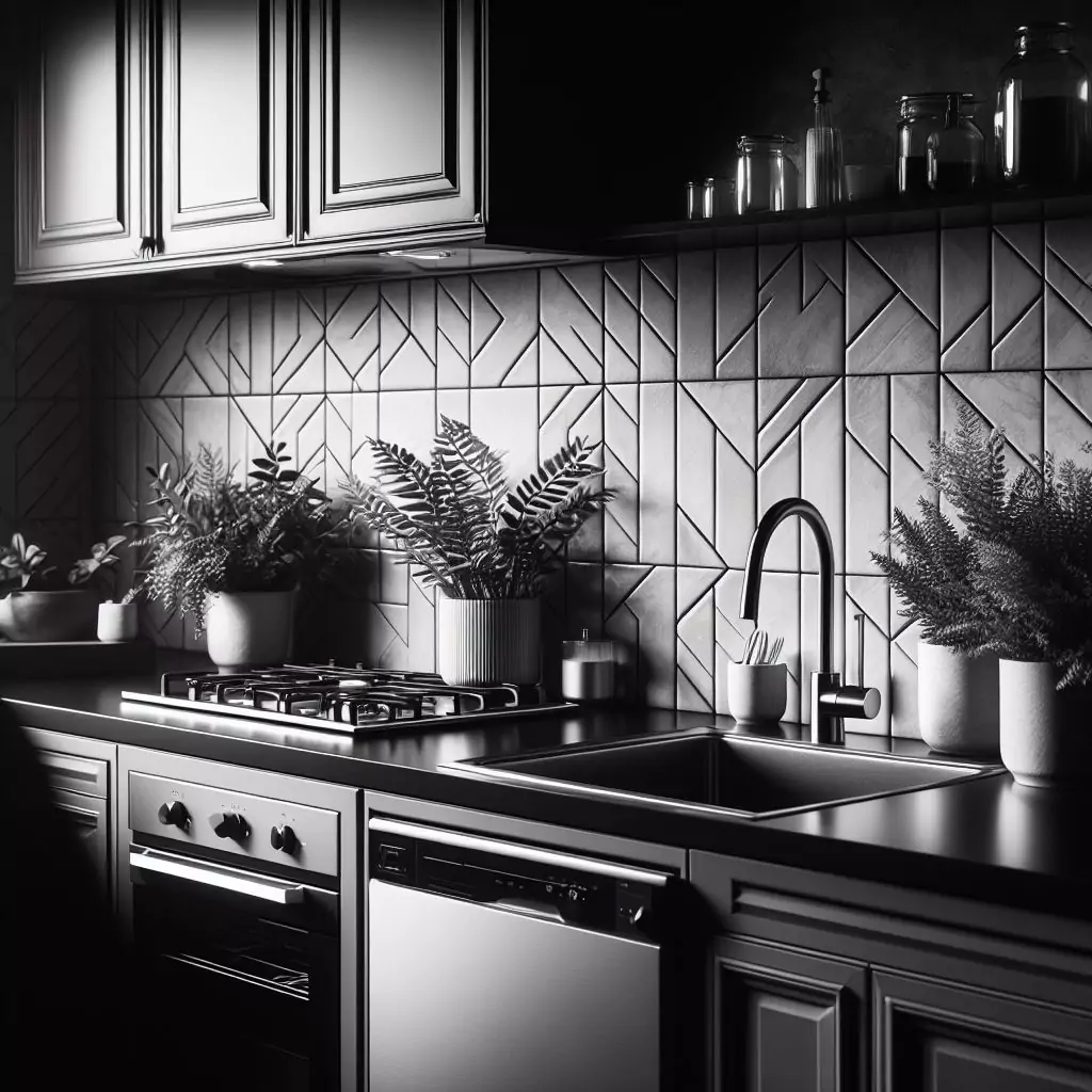 a closer look of a Kitchen with a dramatic black-and-white contrast on the walls. The countertop has a gas stove, stainless steel kitchen sink with a faucet, one potted plant and dishwasher