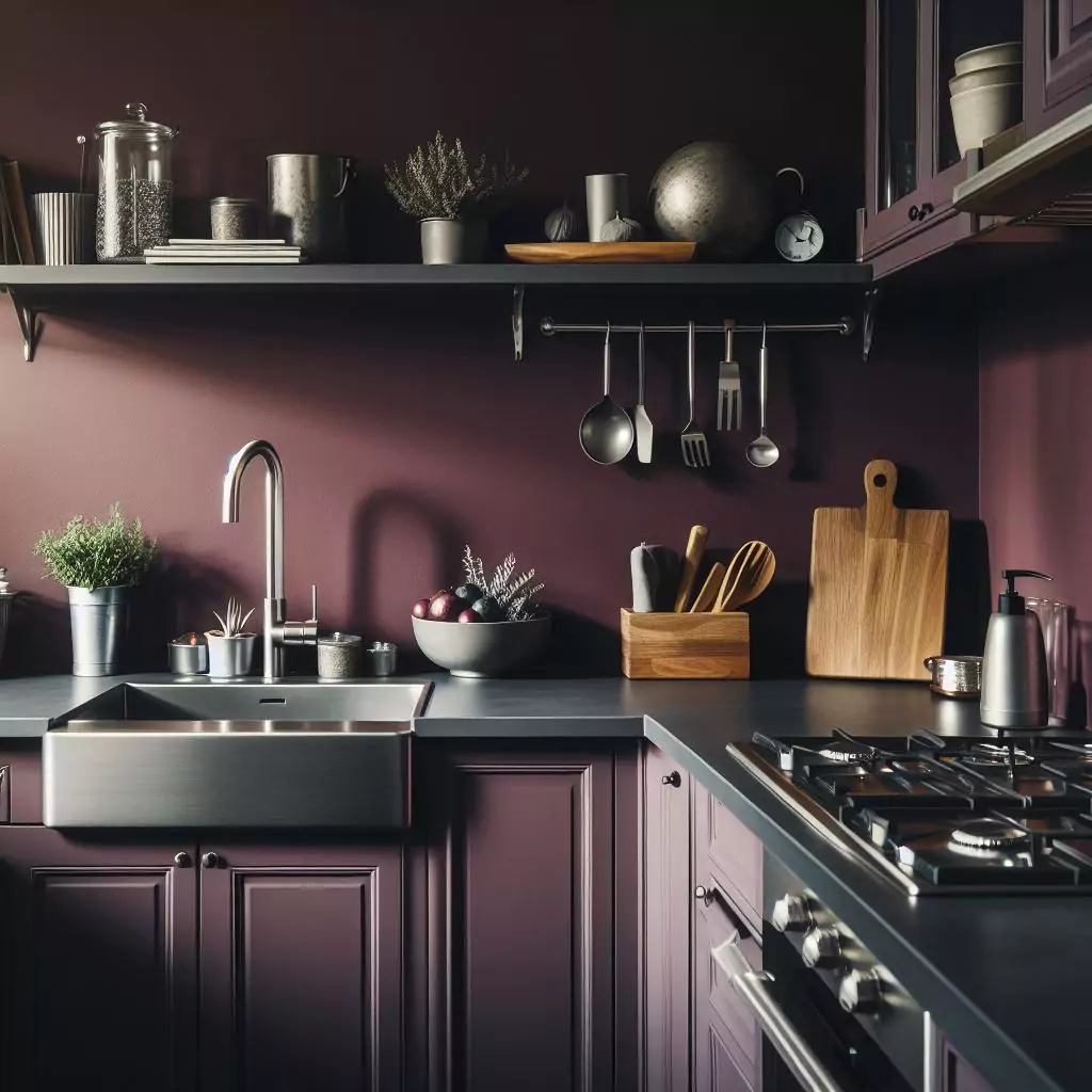 a closer look of a Kitchen with deep plum walls. The countertop has a gas stove, stainless steel kitchen sink with a faucet, and a dishwasher