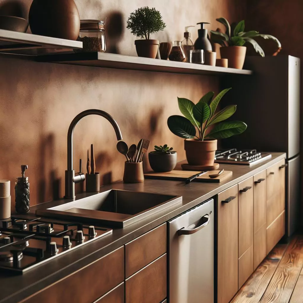 a closer look of a Kitchen with earthy brown tones on the walls. The countertop has a gas stove, stainless steel kitchen sink with a faucet, potted plant and dishwasher