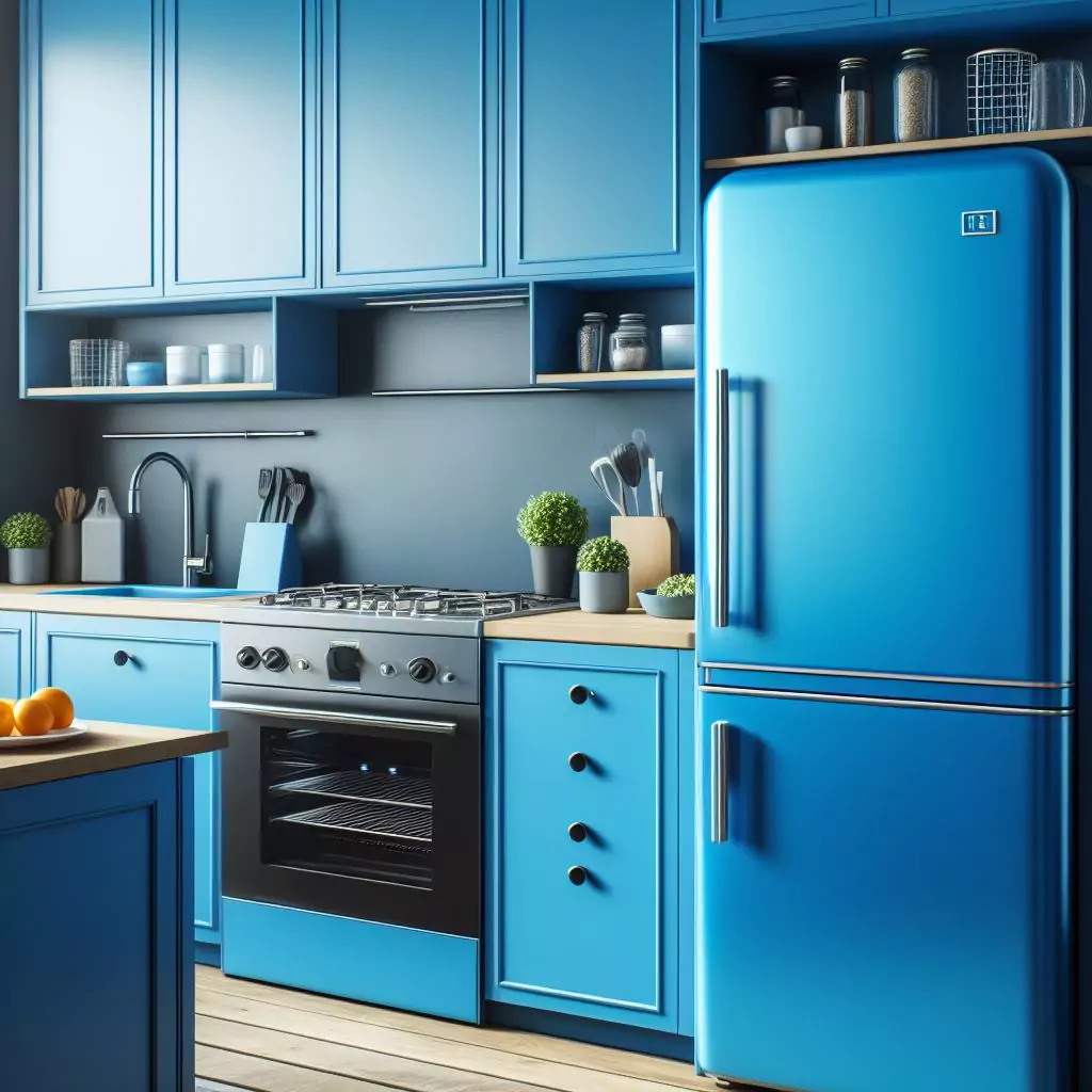 "An electric blue fridge in a kitchen, exuding a bold and energetic hue, creating a focal point and injecting excitement and personality into the space."