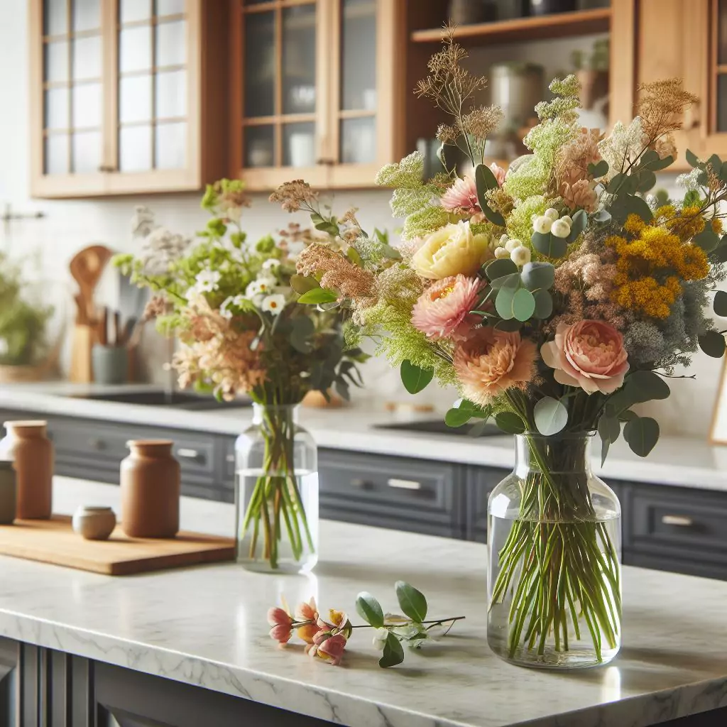 Fresh flowers in vases on a kitchen countertop, showcasing seasonal blooms or greenery, adding color, fragrance, and a touch of elegance to the space.
