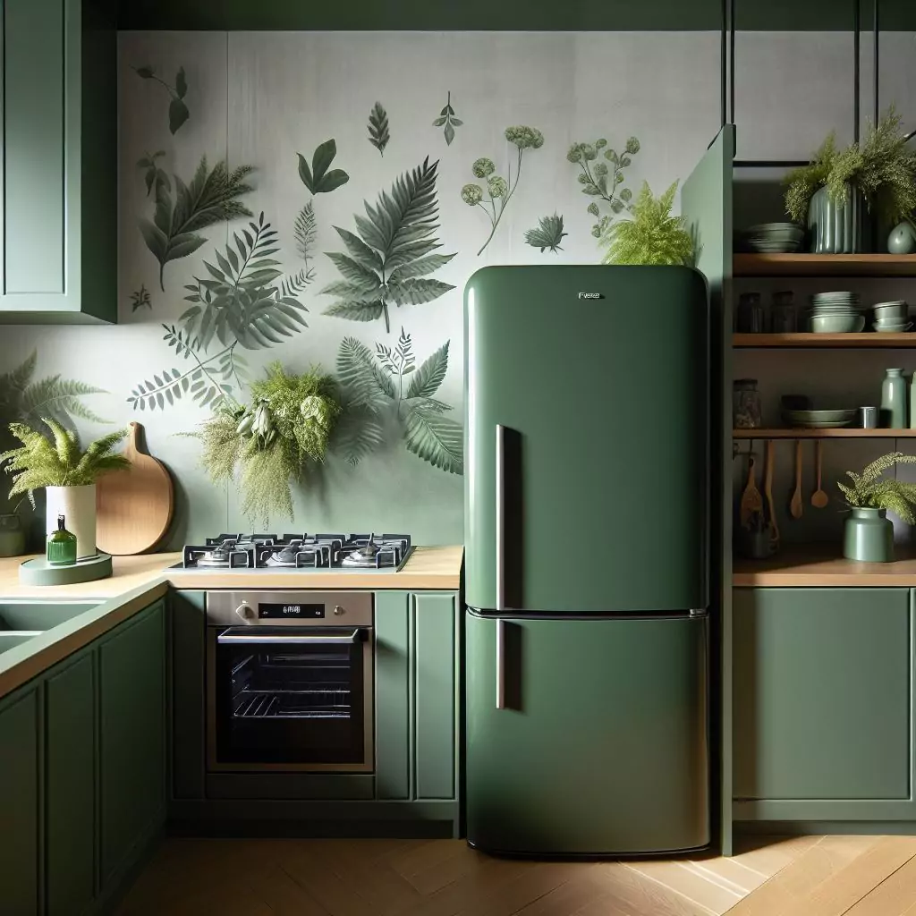 "A forest green fridge in a kitchen, exuding calming and natural hues, creating a serene oasis for cooking and entertaining with its sense of tranquility and freshness."