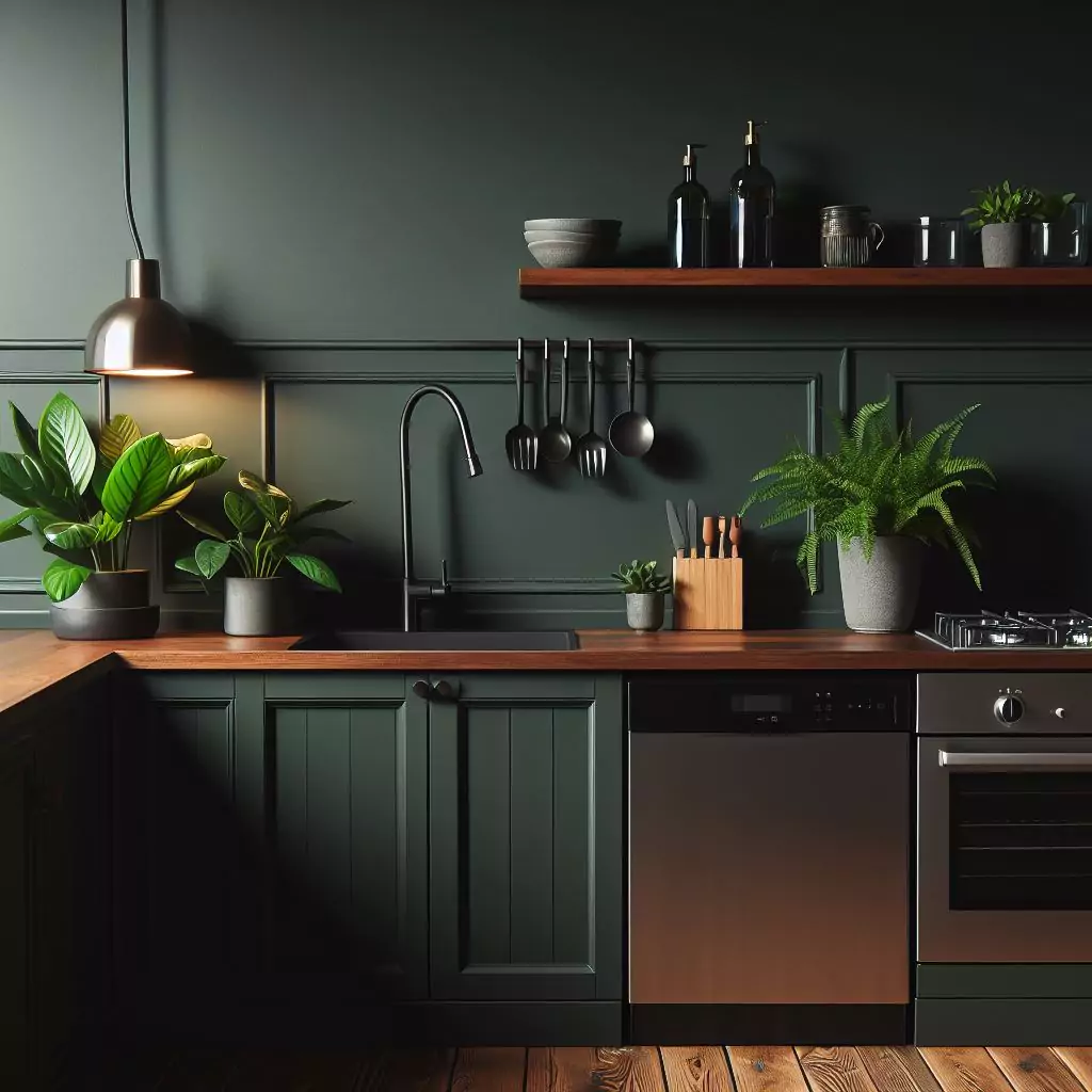 a closer look of a Kitchen with dark forest green walls. The countertop has a gas stove, stainless steel kitchen sink with a faucet, a potted indoor plant, and dishwasher