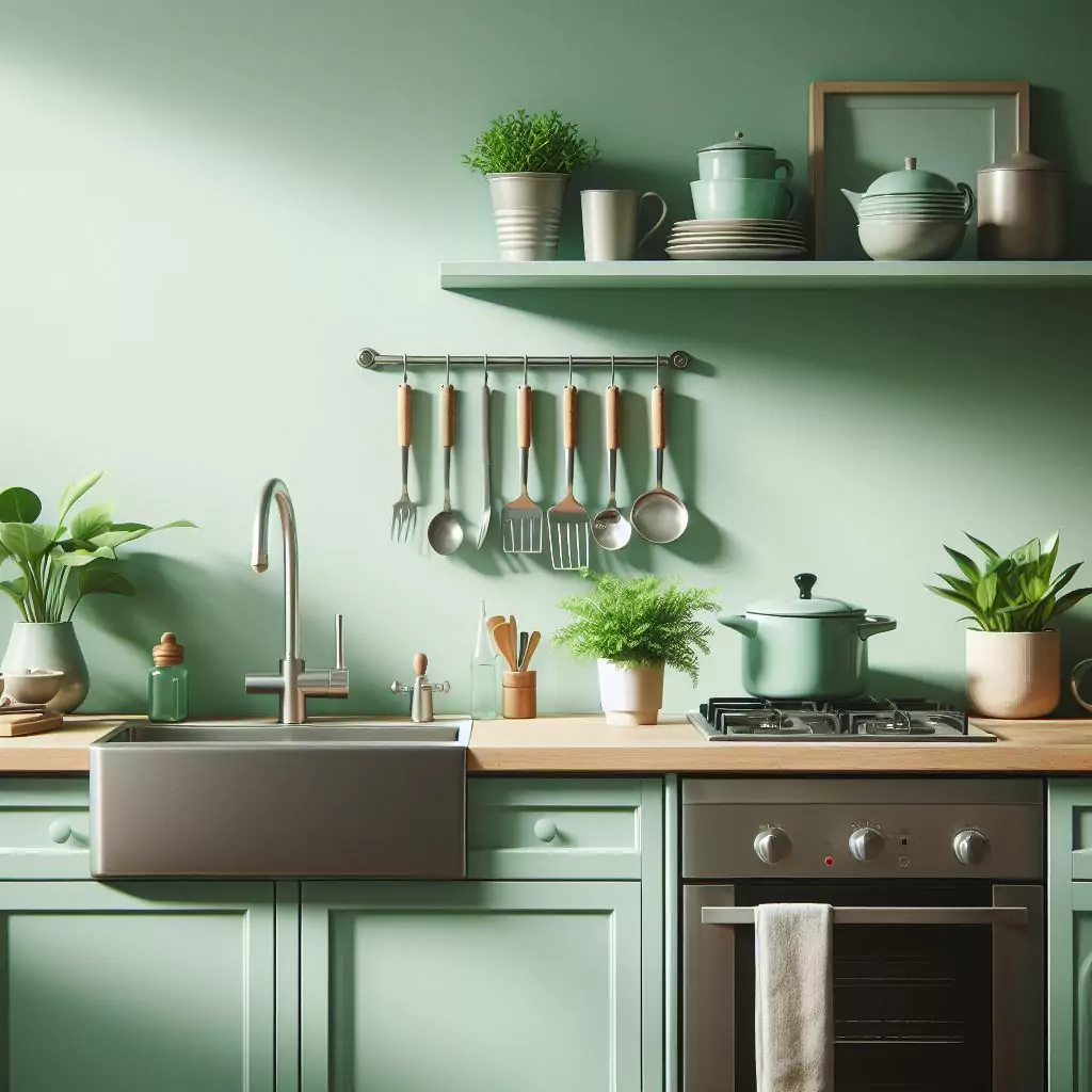 a closer look of a Kitchen with minty green walls. The countertop has a gas stove, stainless steel kitchen sink with a faucet, potted plants and dishwasher