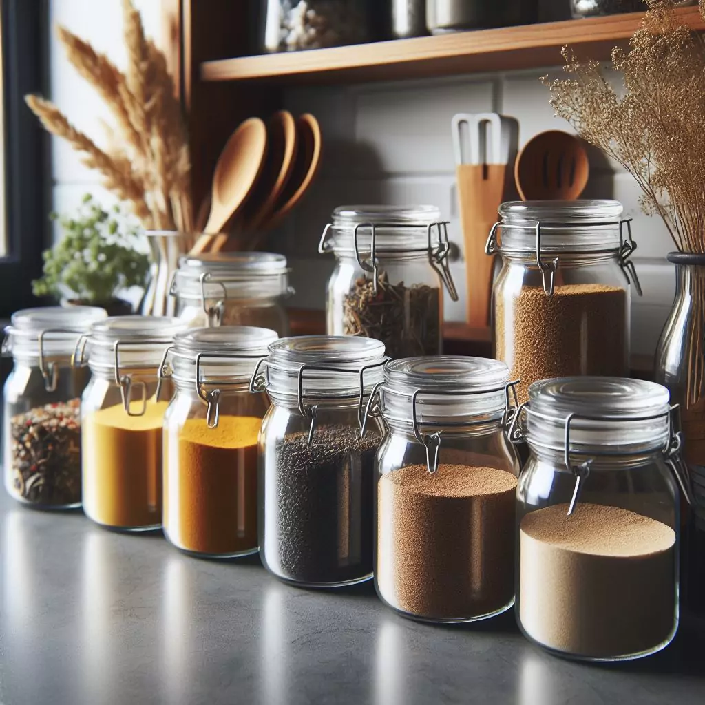 a close look of Glass canisters arranged on a kitchen countertop, storing commonly used ingredients and adding both functionality and visual appeal to the space.