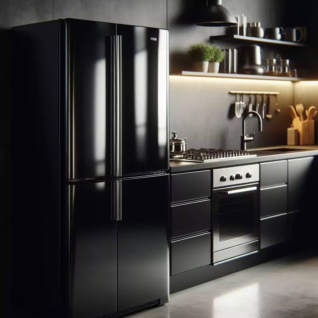 A glossy black fridge in a kitchen, exuding a sleek and dramatic look, making a striking statement and adding a touch of modernity and sophistication to the space.