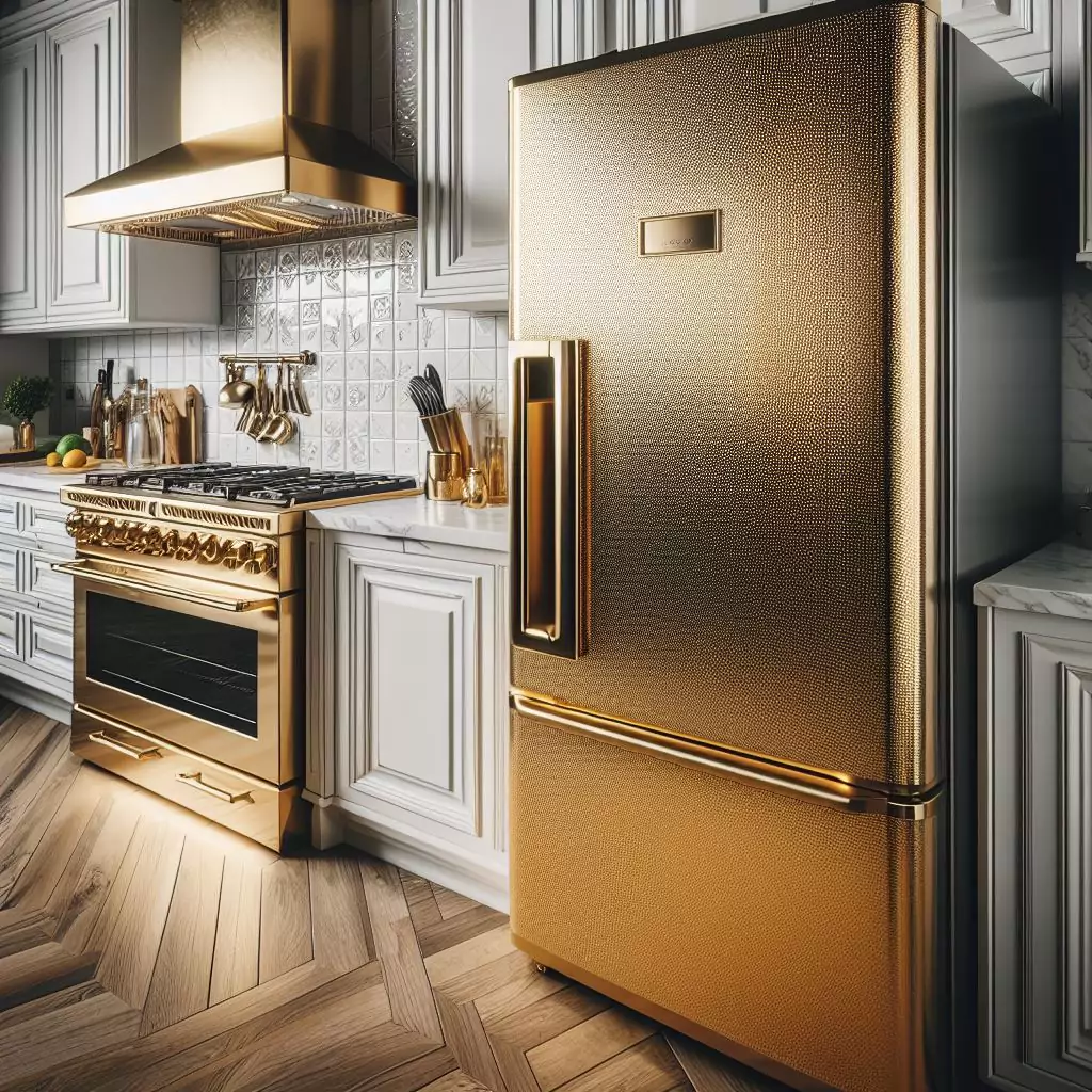 A luxe gold fridge in a kitchen, exuding opulence and sophistication, adding a touch of elegance and refinement to the culinary space.