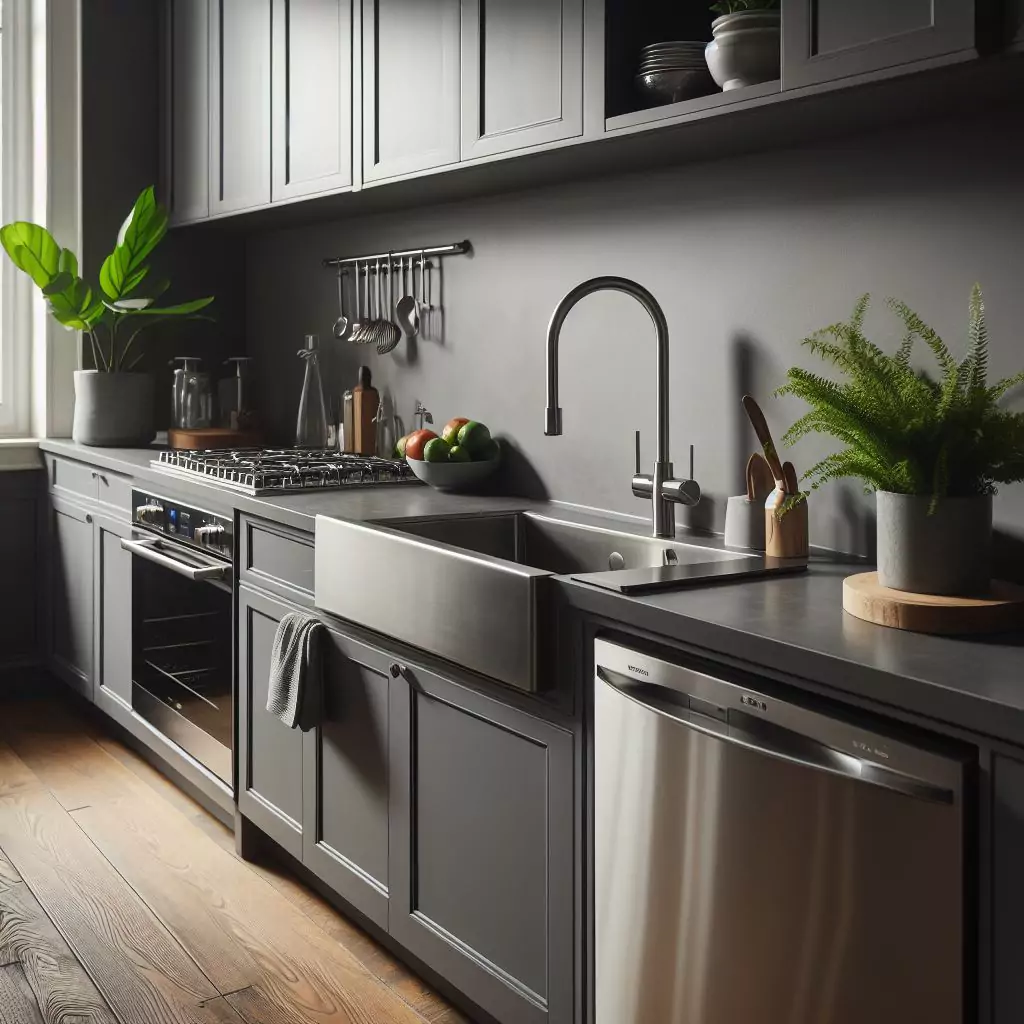 a closer look of a Kitchen with graphite gray walls. The countertop has a gas stove, stainless steel kitchen sink with a faucet, potted plant and dishwasher
