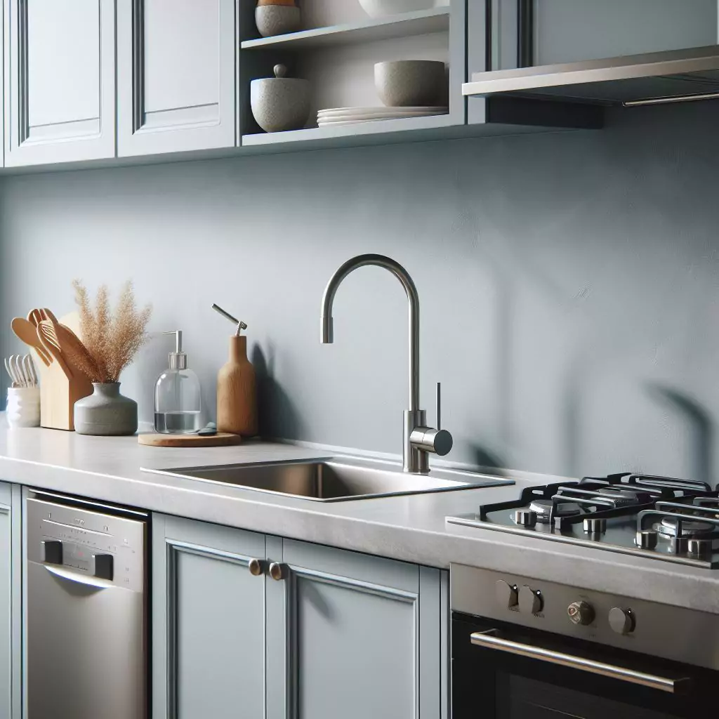 a closer look of Soft gray-blue walls in a kitchen. 