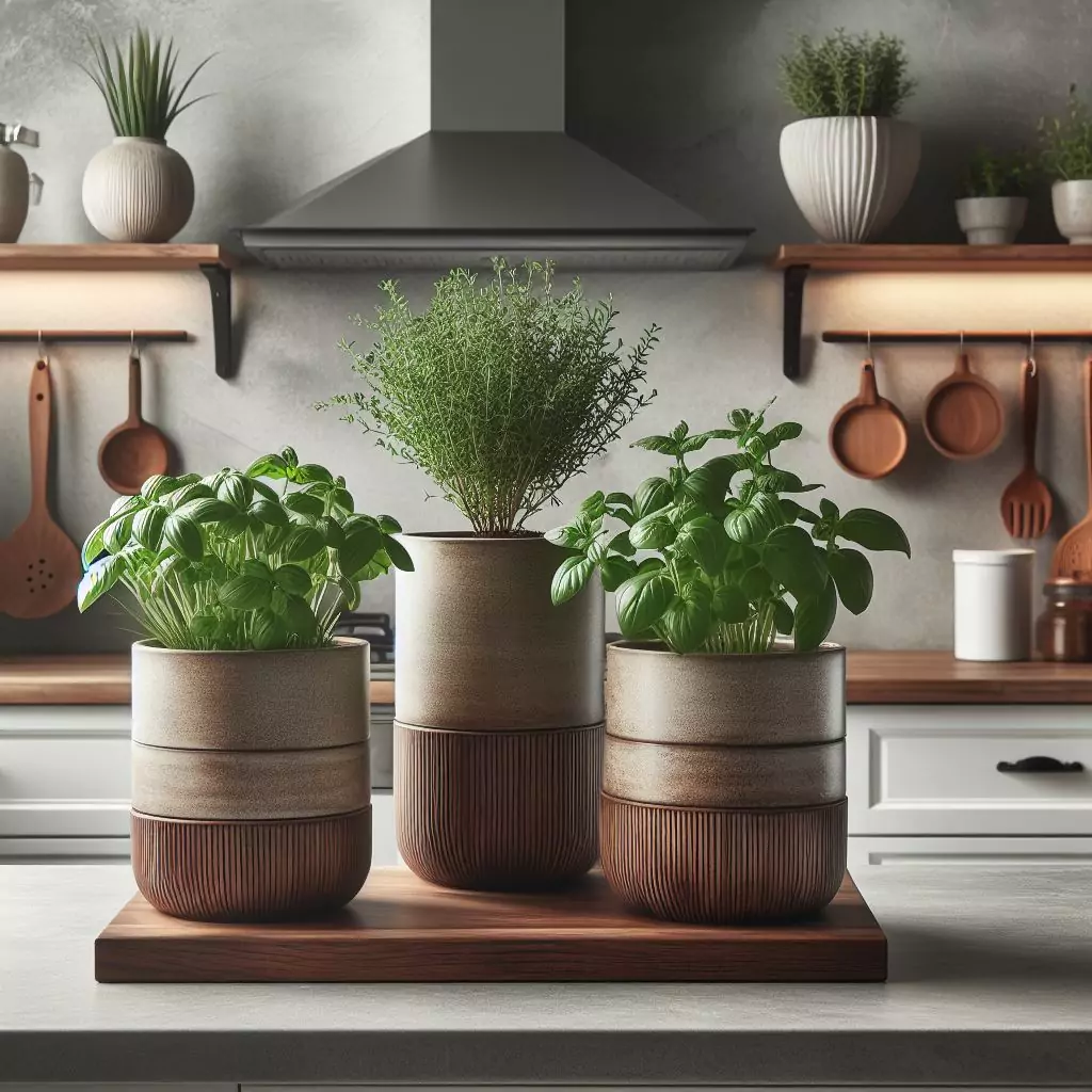 Sleek, modern herb planters or rustic pots on a kitchen counter, providing easy access to fresh herbs for cooking while adding a touch of greenery and functionality.
