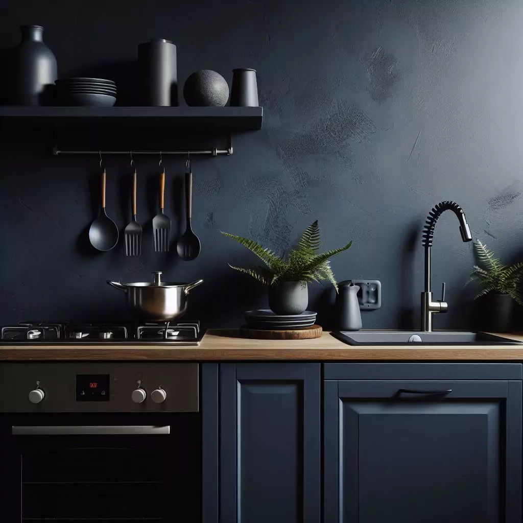 a closer look of a Dark indigo walls in a kitchen. The countertop has a gas stove, stainless steel kitchen sink with a faucet